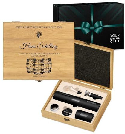 Maverton 6-teiliges Weinzubehör Set mit Aufdruck - elektrischer Weinflaschenöffner - Bieröffner - Wein Geschenkset für Männer - Wine Opener Set - Wein Set in Bambusbox - Weinkenner