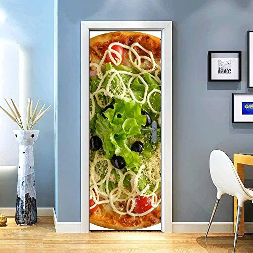 Murales Poster Per Porte 90X200Cm Pizza Vegetariana Con Cibo Verde Carta Da Parati Adesivo Per Porta 3D Autoadesivo Fotomurali Impermeabile Decalcomanie Famiglia Soggiorno Bagno Decorazione