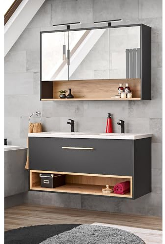 Lomadox Waschplatz Set mit Doppelwaschbecken in anthrazit mit Artisan Eiche Nb., B/H/T: ca. 121/200/46 cm