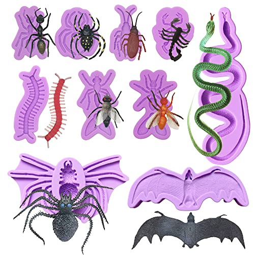Woohome 10 Stück Silikon Fondant Formen, Insekten Schläger Schlange Silikon Fondant Kuchen Formen für Bastelprojekte, Kuchen Cupcake Dekoration