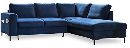 MIUFORM Lofty Lilly mit Bettfunktion| 6 Sitzer Ecksofa | L-form rechts | 237 x 197 x 84cm | Klappsofa mit Schlaffunktion | Schlafsofa klappbar (Velour Navy blau)