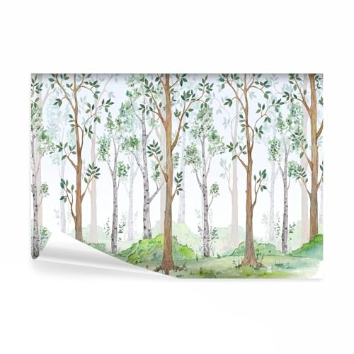 decomonkey Fototapete Kinderzimmer Wald, 300x210 cm, Moderne Bäume, Mädchen | Skandinavisch, Zeichnung, Grün, Vlies, Schlafzimmer, Wohnzimmer, Tapete, Fototapeten, Tapeten, Vliestapete, Wandtapete, Wand