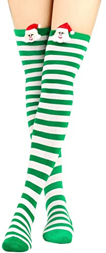 FGFD&OU Calze da Donna Sopra il Ginocchio Calzini Lunghi Termici Calze Natalizie Calze Stivali Alta Cosplay Calze di Coscia Retro per Lady e Ragazze (Xmas-Verde&bianco)