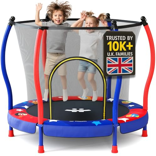 Happin® Cama elástica para niños de 140 cm con red de seguridad, para niños de 1 a 8 años, con aro de baloncesto, diseño sin huecos, regalo para niños