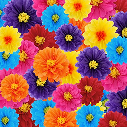 Geyee 36 Pcs Mexican Paper Flowers Colorful Fiesta Tissue Paper Flowers Pom Poms Mexican Carnival for Floral Party Backdrop Wedding Birthday Party Craft (6 8 10)
