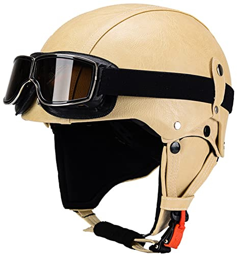 Motorradhelm aus deutschem Leder mit DOT/ECE-Zulassung Jethelm mit Brille Retro-Halbschalenhelm für Moped Cruiser Scooter,Beige b,One Size