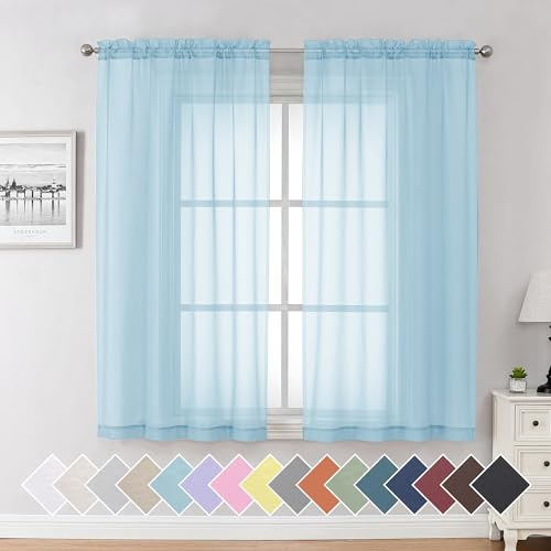 Aiyufeng 2 Pack: Basic Sky Blue Sheer Curtain Drapes 63 Inch Length 2 Panels for Living Room, Light Filtering Voile Drapes for Bedroom, Patio, Sliding Door, Each 40 W x 63 L