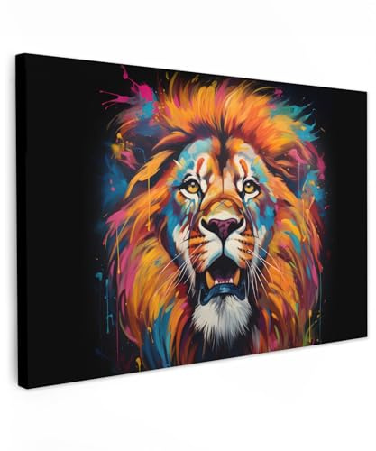 MuchoWow© Bilder Groß XXL Wohnzimmer Deko Modern Wandbild Foto auf Leinwand | 120x80 cm - Bild Schlafzimmer Room Decor Geschenke Banksy - Street Pop Art - Löwe - Graffiti - Tiere - Schwarz