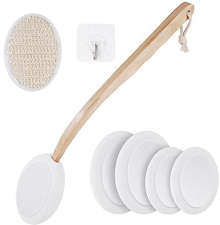 Badebürste Rückenreinigung Eincremehilfe für Rücken Rückenpflegeset Rückencremer mit Langem Stiel Rücken Creme 4 Austauschbaren Köpfe Lotion Applikator (1 Set)