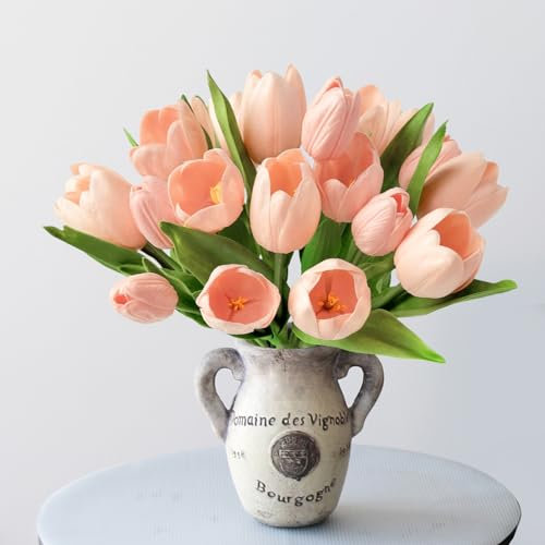 ZYTUYO 20 Pcs 13 Tulips Artificial Flowers Champagne Pink Faux Tulips Real Touch Wedding Bouquet with Stem for Home Xmas Decor Living Room Kitchen New Year Table Flower