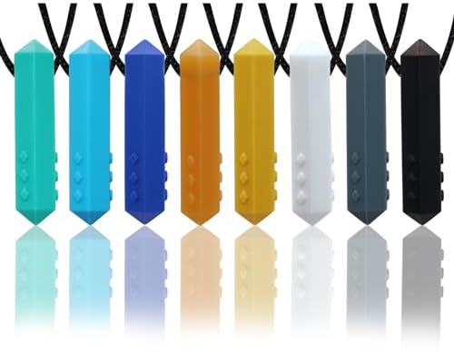 Sensory Chew Necklace Buddy 8 Pack, Diamond Shape Chew Toys for Autistic Children with ADHD, SPD, Biting, Silicone Teething Necklace Chewy Toys for Autism Reduce Chewing Anxiety Fidget (Blue)
