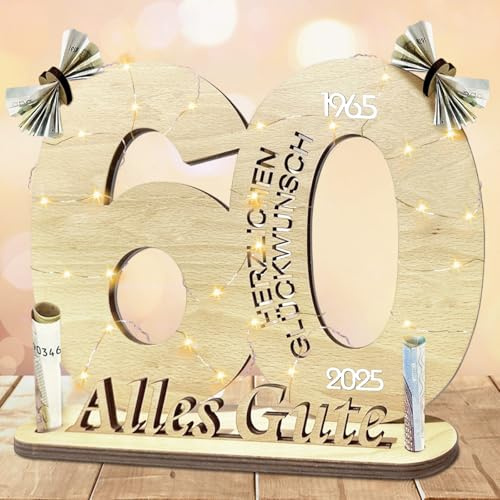 Geschenke zum 60 Geburtstag Frau Mann,Holz-Schild Gästebuch, Geldgeschenke | Geldgeschenke Geburtstag 60 Alles Gute zum mit LED Lichterkette Ständer, Holz 60.Geburtstag Geldgeschenke zum Jubiläum