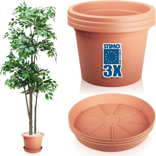 Stimo 3X Blumentopf 34cm mit Untersetzer 30cm Grau Pflanzkübel Kunststoff Pflanztopf Rundtopf (Terrakotta)