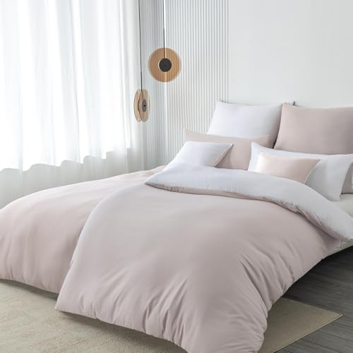 Nesture Bettwäsche 135x200 4teilig Mikrofaser, Beige/Weiß | Bettbezug 2er + Kissenbezug 2er 80x80cm mit Reißverschluss, Bettwäsche-Sets Wendebettwäsche, weich & bügelfrei, atmungsaktiv