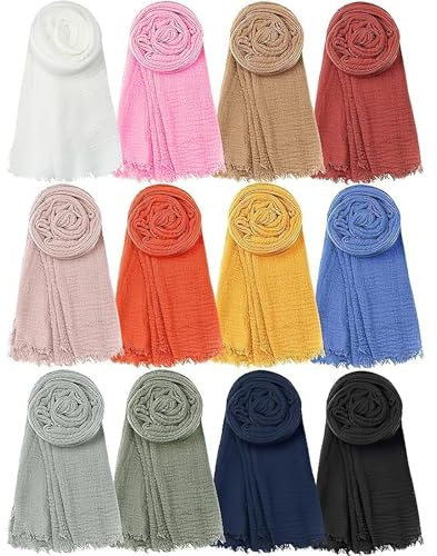 MSYU 12 Pièces Foulards Longs Foulards de Tête pour Femme Châle Léger Turban Hijab Foulard Couleur Unie Doux Foulard de Tête pour Femmes Filles, 90 x 180 cm, 12 Couleurs