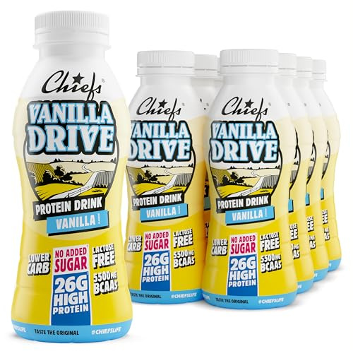 Chiefs® Milk Protein Drink avec 26 g de protéines et BCAA • Shake riche en protéines et faible en glucides, sans lactose et sans sucres ajoutés • 8 x 330 ml (Vanilla Drive)