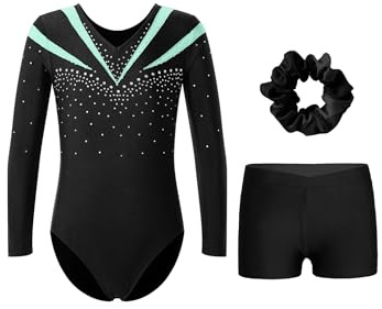 FEESHOW Mädchen Turnanzug Mit Shorts Glitzer Gymnastikbody Langarm Ballett Leotard Tanz Shorts Haargummi Set Wettkampf Tanzkleidung