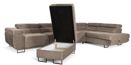 SOFILAND Aller Lang XL Modernes Design Ecksofa mit Schlaffunktion, Bettkasten in Ottomane, Hocker mit Stauraum – Tierfreundlicher Waterproof-Welvet, inkl. 2 runde Kissen, Ottomane rechts. (Hellbraun)