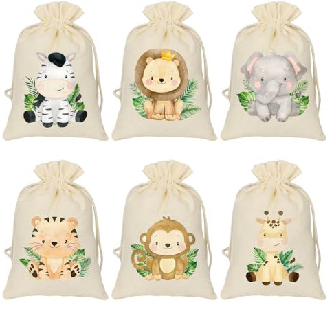 12 Stück Dschungel Tiere Säckchen zum befüllen 10 * 15cm Baumwolle Kleine Beutel mit Kordelzug Babyparty Tüten Baumwollsäckchen Stoffsäckchen Schmucksäckchen für Babyshower Geburt Taufe