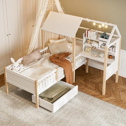 Trdlpyn Kinderbett 90x200cm, Holzbett mit Schubladen und Bücherregal, Kopfteil mit Rausfallschutz und Lattenrost, Bettgestell aus Holz, Funktionsbett Jugendbett, Weiß