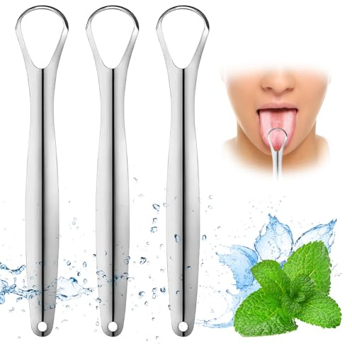 Lot de 3 gratte-langue pour adultes - 100 % acier inoxydable - Réduit la mauvaise haleine - Facile à utiliser - Nettoyeur de langue pour soins bucco-dentaires et hygiène (type E)