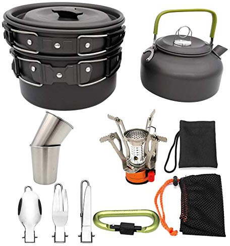 Breeshy Camping Kocher Pan Set Aluminium Camping Geschirr Kit für 2-3 Personen für Picknick Trekking und Wandern Backpacking Geschirr