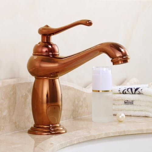 Wasserhahn Bad Armatur für Waschbecken Badezimmer Retro Wasserhahn Waschbecken für Badezimmer Einhebel Vintage Waschtischarmatur Einloch Waschtischarmatur Warm und Kaltwasser Roségold kurz