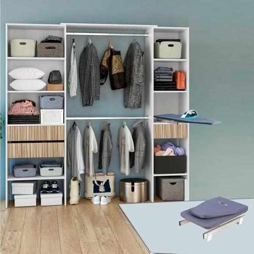 HABITMOBEL Armario con Tabla Planchar Dormitorio Ropero Abierto Tabla Extensible, Madera Blanca y Natural diseño Moderno 190 x187cm