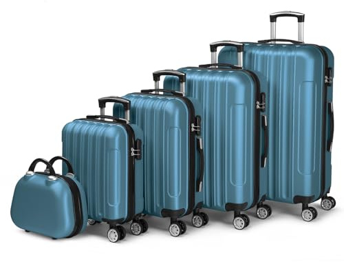 LALAHO Set di 5 Valigie da Viaggio con Vanity Case, Valigia Grande Dimensione, Valigia Cabina, Piccola Valigia ABS con Angoli Rinforzati, Ruote Girevoli a 360°, Lucchetto e Maniglia Telescopico, Blu