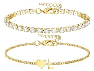 Chriscoco silver/guld initialarmband för kvinnor flickor rostfritt stål hjärtarmband justerbart silver tennisarmband personligt lager bokstav damarmband, Rostfritt stål, Ingen ädelsten