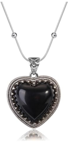 Jovivi Obsidian Heart Necklace for Women,Black Healing Crystal Gemstone Heart Pendant Womens Ladies Vintage Silver Necklace Jewellery Gifts for Women Mum Birthday