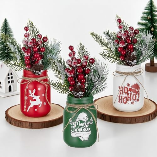 Hewory 3er Kleine Vasen Set mit Rote Beeren für Weihnachtsdeko Innen | Vase Weihnachten Deko für Weihnachtsdeko Tischdeko, Weihnachts Geschenke für Frauen, Glasvase für Winterdeko Wohnzimmer