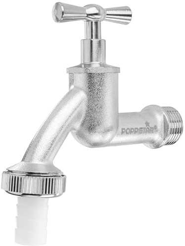 Poppstar Wasserhahn Garten 1/2 Zoll (Kugelhahn 1/2 auf 3/4, mit Schlauchtülle 13mm und Knebel-Oberteil, matt verchromt)