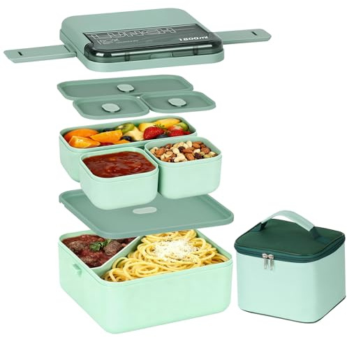 Esilihom Lunch Box, 1800ML Bento Box with Compartments, Stackable 2 Layer Reusable Meal Prep Containers with Thermal Bag & Cutlery for Adults & Kids - Office, School, Travel (Green)