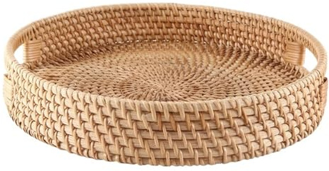 Plateau de service rond en rotin, plateau ottoman décoratif tissé avec poignées for table basse Plateau Thé Rotin(Wood Color 6CM)