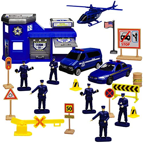 Generisch 20 TLG. Set: Metall Polizei Station mit Fahrzeugen und Zubehör 1/43