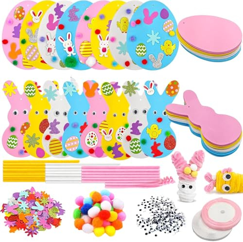 HONHHUO Oster Bastelset Kinder – 32 DIY Bastelmotive mit Hasen & Ostereiern, selbstklebendes EVA Bastelset für Oster Basteln, Osterdeko & Ostergeschenke, ideal für Kindergarten, Schule & Familie