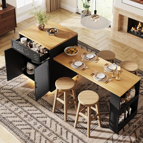 Qsddk Bartisch Ausziehbarer mit Stauraum und LED-Lichtleiste, Ausziehbarer Esstisch mit Ausziehtisch und 2 Schubladen, Küchentheke mit 4 Türen, Schwarz, 141-193.5×70×95.5 cm