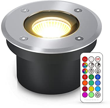 lambado® Flacher LED Bodenstrahler für Aussen mit RGB Farbwechsel dimmbar inkl. Fernbedienung - Runde Bodenleuchte/Bodeneinbaustrahler IP67 aus Edelstahl - Befahrbar & Wasserdicht