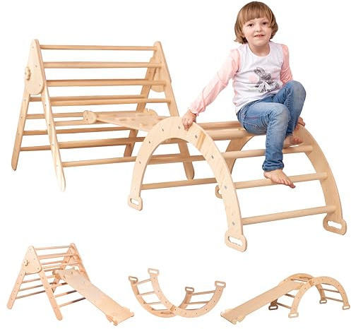 Wood And Hearts Triangle Set of Three Items Wooden Toys Climbing Triangle Montessori Climbing Toys for Toddlers Triangle with ramp Activity Gym Baby Climbing Triangle Set (Large)