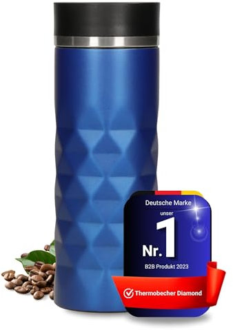 Elasto Premium Edelstahl Thermobecher mit Push-Button I 450 ml I auslaufsicherer Verschluss I heiß & kalt I BPA-frei I Thermo Kaffeebecher to go Diamond I matt glitzernd I Ultramarin Blau