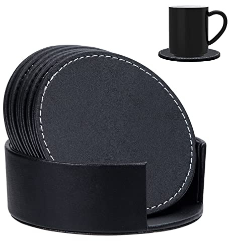 Untersetzer PU-Leder Untersetzer Rund Getränke-Untersetzer Schwarz Tischuntersetzer mit Halter Set für Getränke Bar Tassen Kaffee Bier 6 Stücke