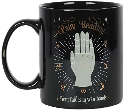 Mystical Palm Reading Black Mug - 9cm x 12cm (1 Pc.) - Ceramic with Stunning Illustration in White and Gold Foil, Symbols Representing Palm Mounts and Plains, 350ml Capacity - Perfect for Everyday Use