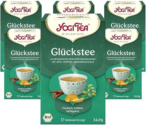Yogi Tea Glückstee, 6x17 Beutel (102 Teebeutel) | Ayurvedischer Bio Gewürz- und Kräutertee, Mischung aus Zimt, Hopfen und Orangenschale, Ideal als Geschenk