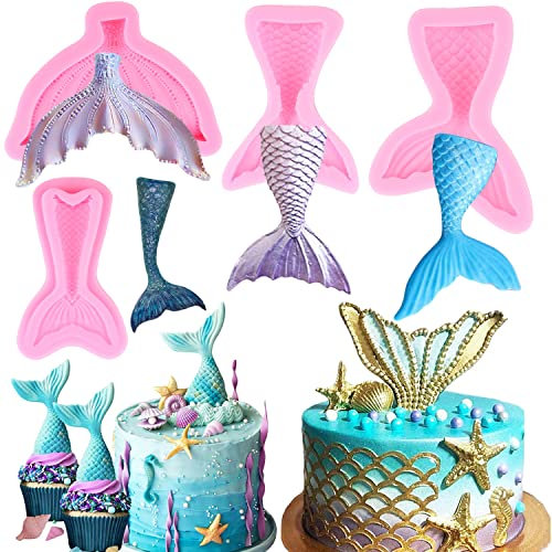 Zixiang Meerjungfrauenschwanz-Form, Meerjungfrauen-Silikon-Fondantform für Kuchendekoration, Schokolade, Süßigkeiten, Cupcake-Topper, Polymer-Ton, Gummipaste, 4 Stück