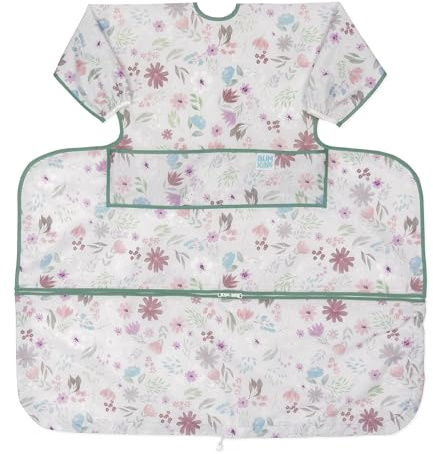 Bumkins Baby Bib and High Chair Cover Combination, for 6-24 Mos, Girl or Boy Toddler, Long Sleeved for Babies, Baby Led Weaning Essentuals for Eating, Feeding Babies, Mess Saving, Floral Gray