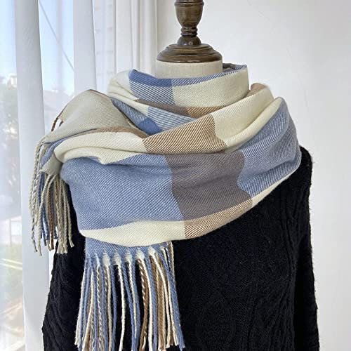 WLLDDDIU Strickschal Damen,Winterschals Kontrastmode Gitterquaste Weicher Warmer Schal Dicke Decke Blau Braun Der Weiche Haptik-Schal Winterschal Trendige Stola-Schals Für Frauen Mädchen