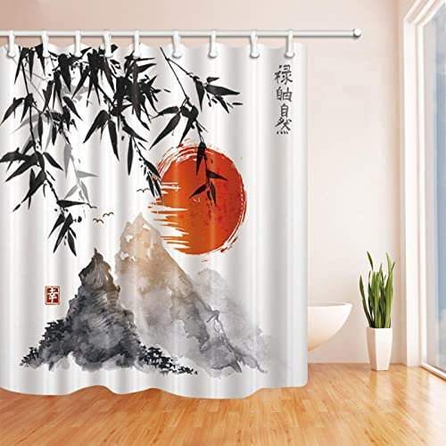 YTITILUCK Japanische Duschvorhänge Bambusbäume Rote Sonne und Berge Badevorhang Polyestergewebe Badezimmervorhang Dekor 110x170cm (BxL) Badezimmer-Duschvorhang