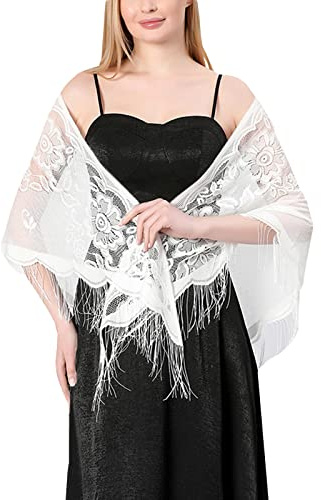 JK Home Dreieckstuch mit Blumen-Spitze und Quasten, ausgehöhlt, weicher Netzstoff, Fransen-Schal, 184 cm für Hochzeit, Abend, Party, Frauen, Schals, Bikini-Cover Up, weiß, One size