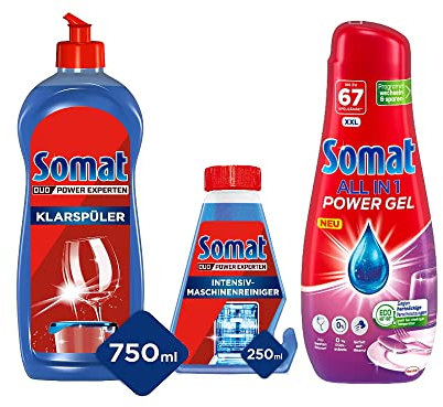 Somat All in 1 Power Gel (67 Spülgänge) für Eco-Programm & Somat Intensiv-Maschinenreiniger, mit Entkalkungsfunktion 250 ml & 5in1 Additive Klarspüler Klarspüler für Geschirrspüler | 750 ml (1er Pack)